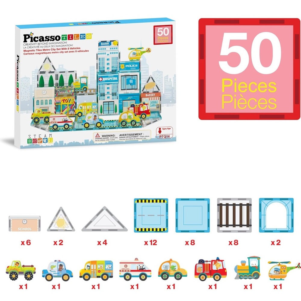 Picasso Tiles 50 piece Metro City set with 8 vehicles NIB